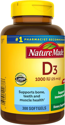Vitamin D3 1000 IU (25 Mcg), Dietary Supplement for Bone, Teeth, Muscle and Immune Health Support, 300 Softgels, 300 Day Supply