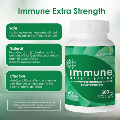 Ultra Strength Immunity - Clinically Proven Immune Support - Wellmune Highly Purified Beta Glucan - Gluten-Free, Non-Allergenic, Non-Gmo and Vegan Capsules - 60 Capsules, 500 Mg