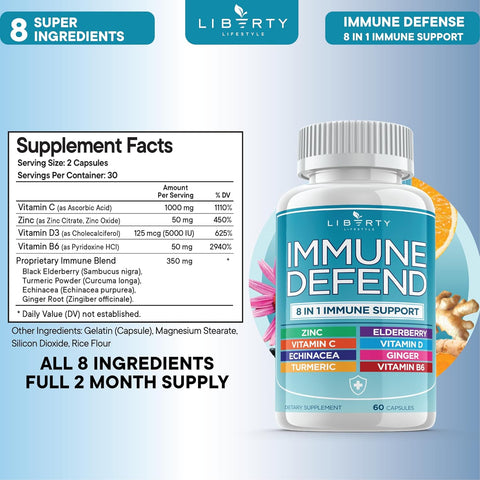 8 in 1 Immune Defense Support, Immunity Vitamins Supplement Booster with Zinc 50Mg, Vitamin C Elderberry Vit D3 5000 IU, Turmeric Curcumin & Ginger, Echinacea - Allergy Relief for Kids Adults (2 Pack)