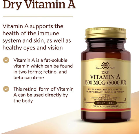 Dry Vitamin a 1500 Mcg (5000 IU), 100 Tablets - Supports Healthy Eyes, Skin & Immune System - Non-Gmo, Vegan, Gluten Free, Dairy Free, Kosher - 100 Servings